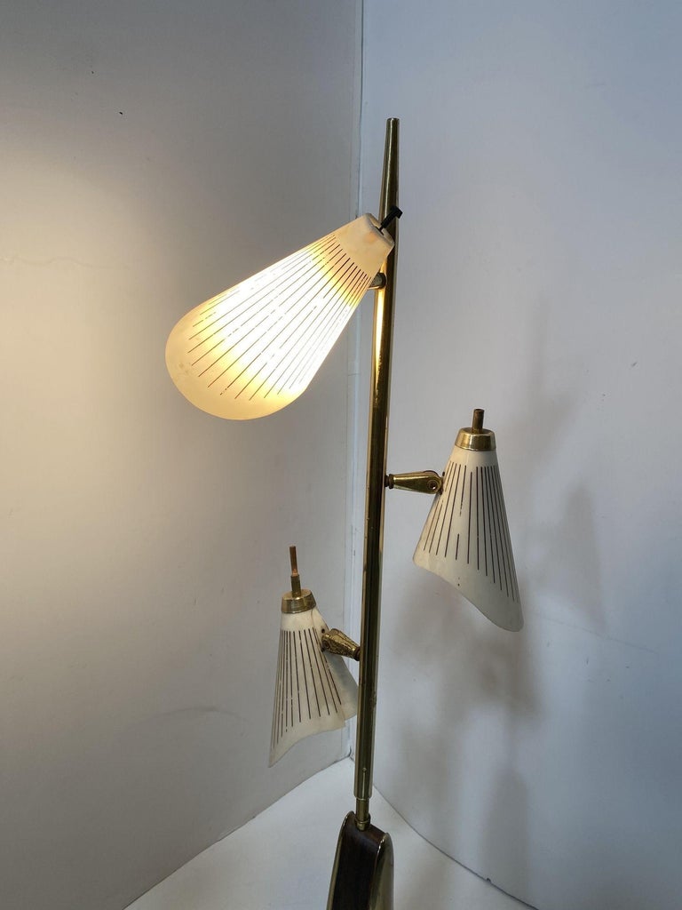 Mid Century Googie Brass & Art Pottery Floor Lamp w/ Fiberglass Shades