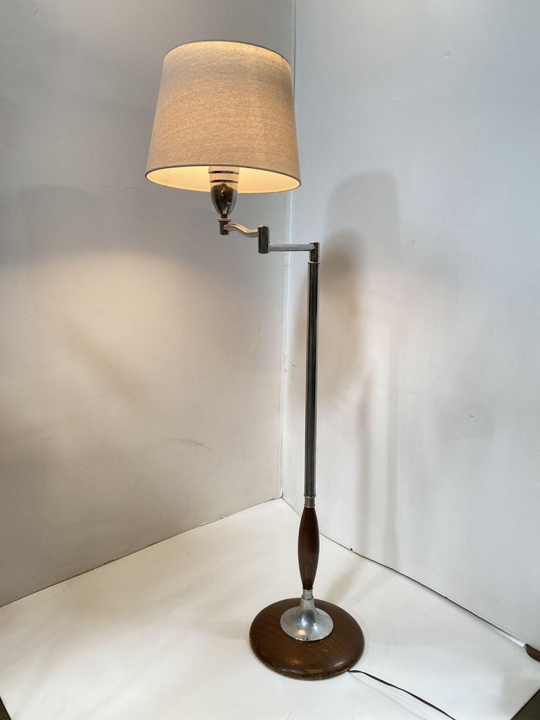 Art Moderne Wood and Chrome Swing Arm Floor Lamp