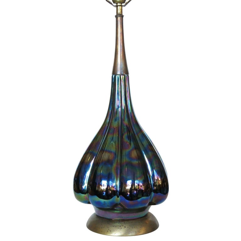 Mid-century Iridized Art Glass Table Lamp w/ Brass Base