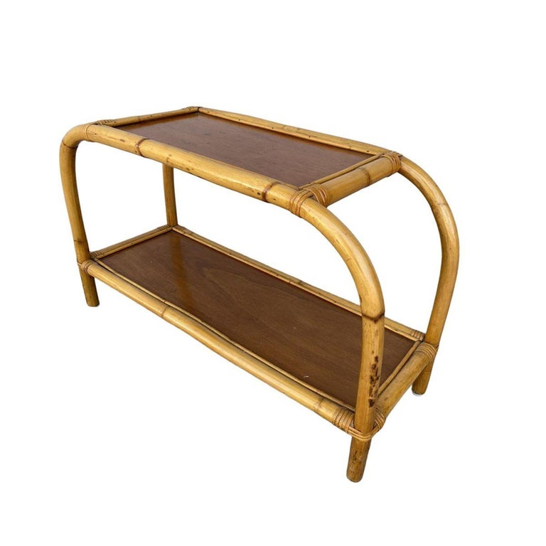 Restored Mid-century Two-Tier Rattan & Mahogany Arched Side Table