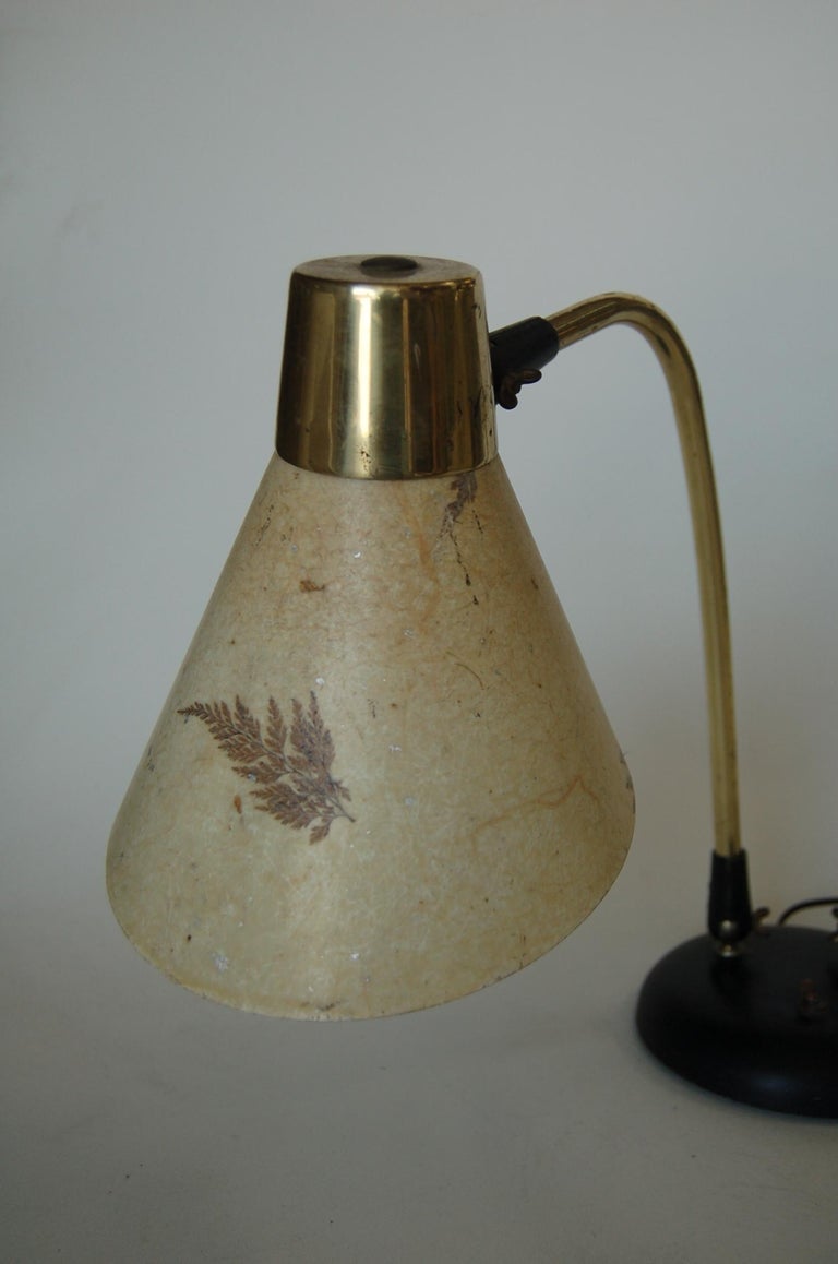 Double Gooseneck Brass Desk Table Lamp with Pressed Floral Fiberglass