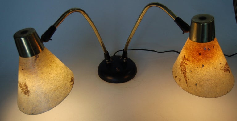 Double Gooseneck Brass Desk Table Lamp with Pressed Floral Fiberglass