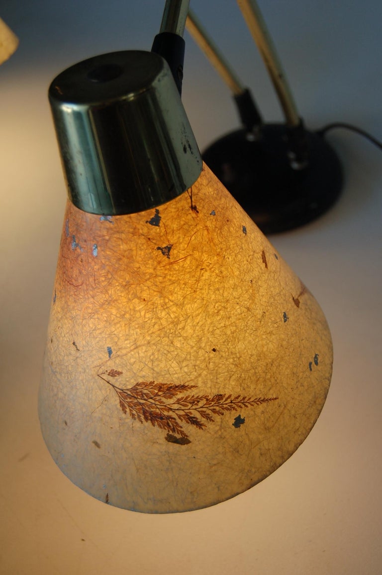Double Gooseneck Brass Desk Table Lamp with Pressed Floral Fiberglass