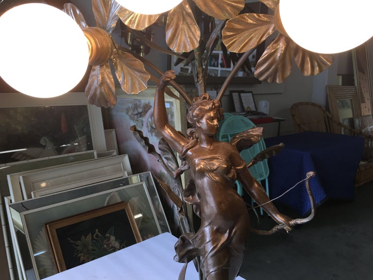 Early Three Bulb Art Nouveau Figural Bronze and Marble Table Lamp