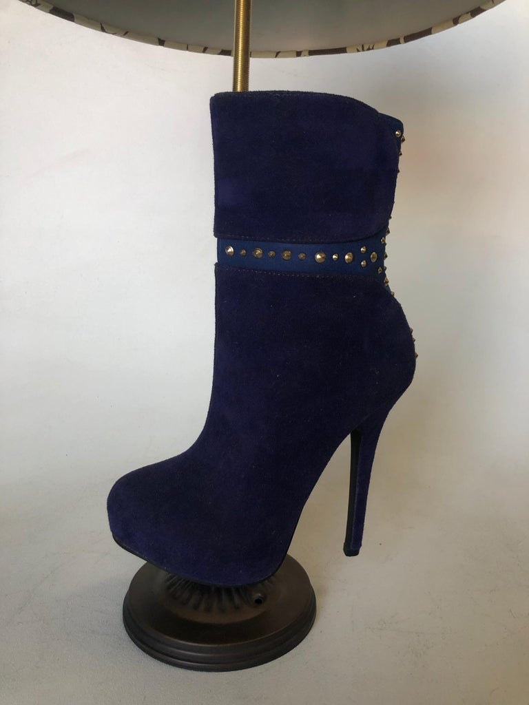 Purple Stiletto High Heel Boot Table Lamp with Floral Lamp Shade