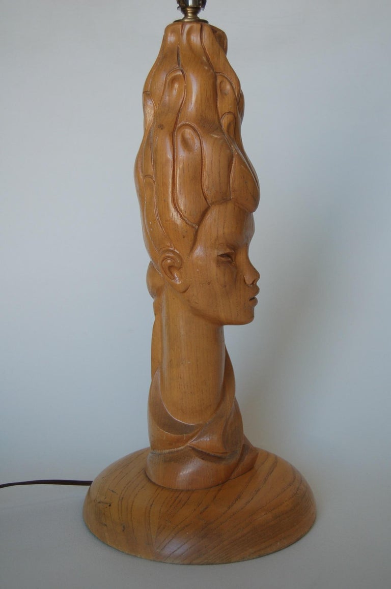 Midcentury Carved Oak Modernist Female Bust Table Lamp