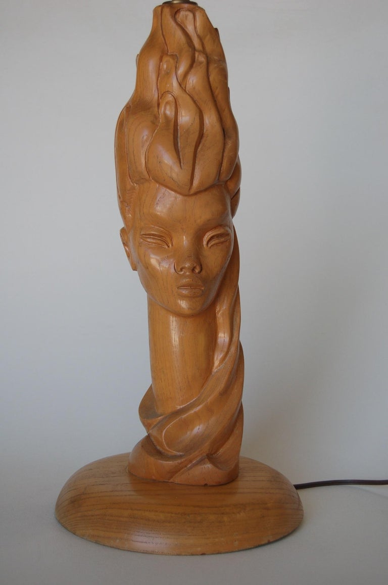 Midcentury Carved Oak Modernist Female Bust Table Lamp