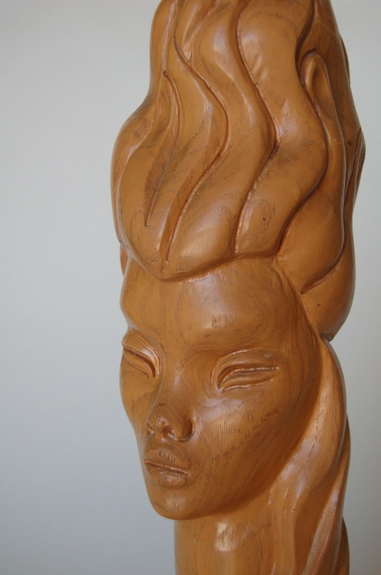 Midcentury Carved Oak Modernist Female Bust Table Lamp