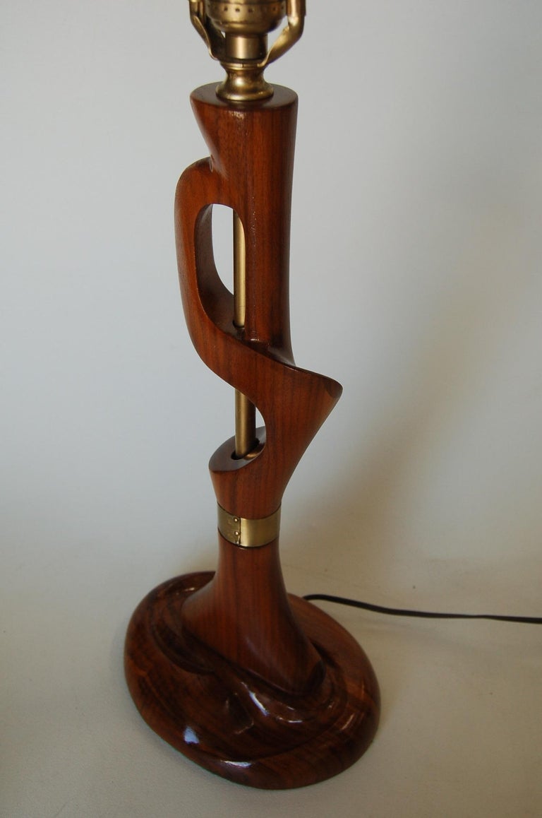 Freeform Abstract Carved Mahogany Table Lamp with Brass Accents, Jascha Heifetz