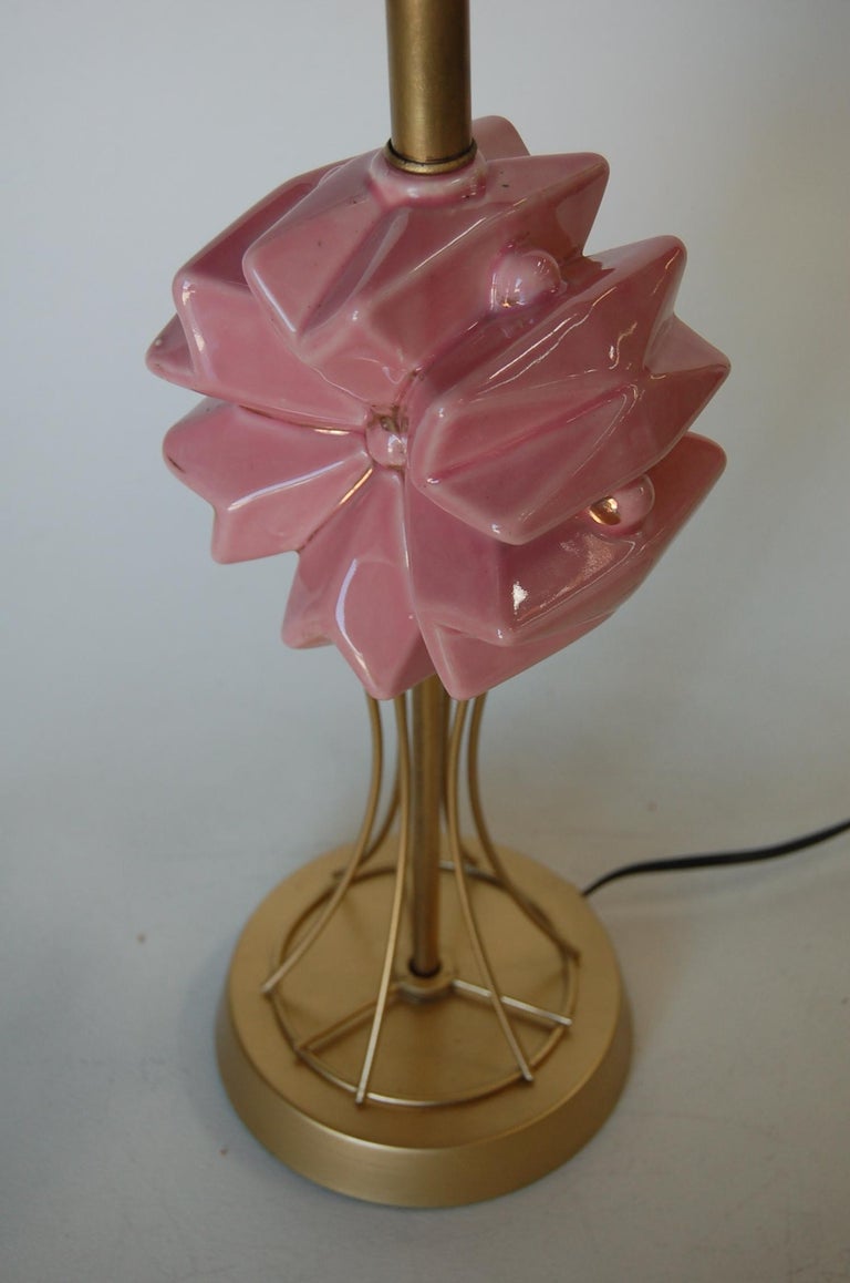 Midcentury Brass Spindel Table Lamp with Ceramic Flower Accent