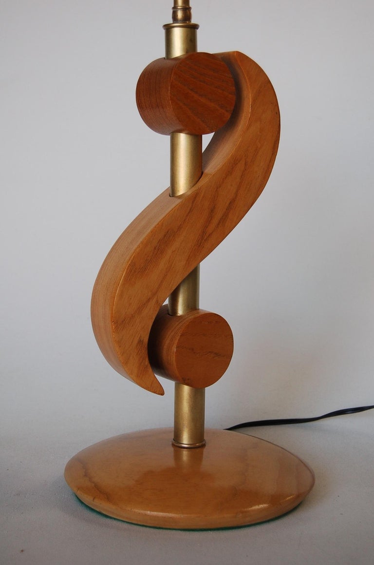 Carved Oak and Brass Biomorphic Modernist Table Lamp, Pair