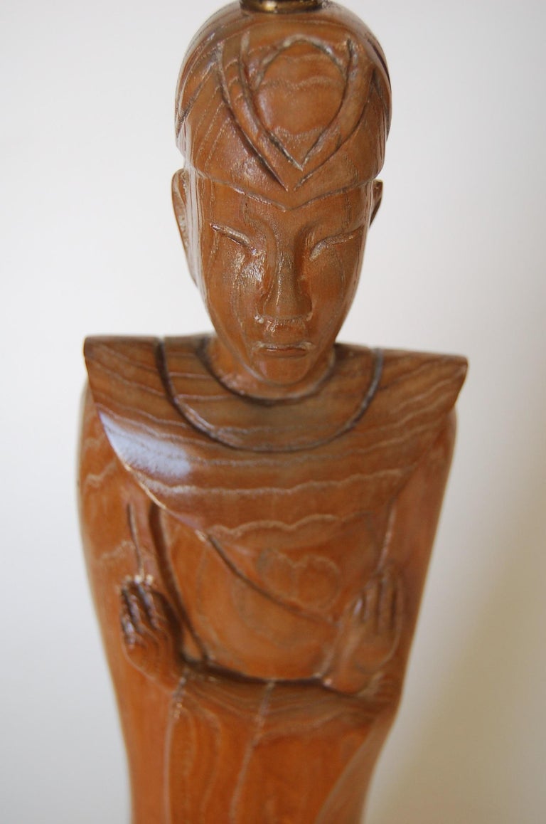 Midcentury Carved Oak Chinese Monk Wood Figure Lamp