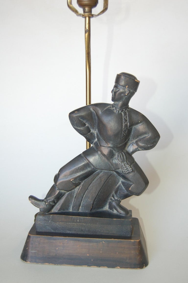 Hand Carved Wood Cossack Russian Dancer Table Lamp Signed Jascha Heifetz