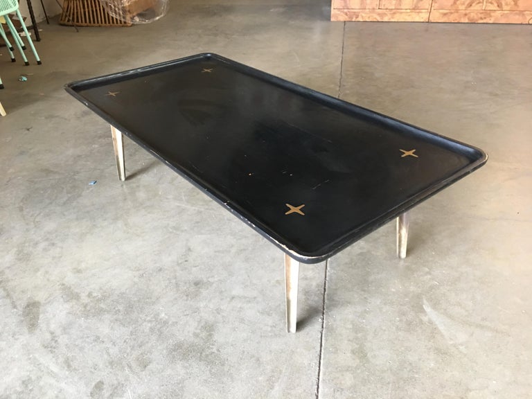 Rare Midcentury Black Lacquer Coffee Table with Solid Cast Bronze Base