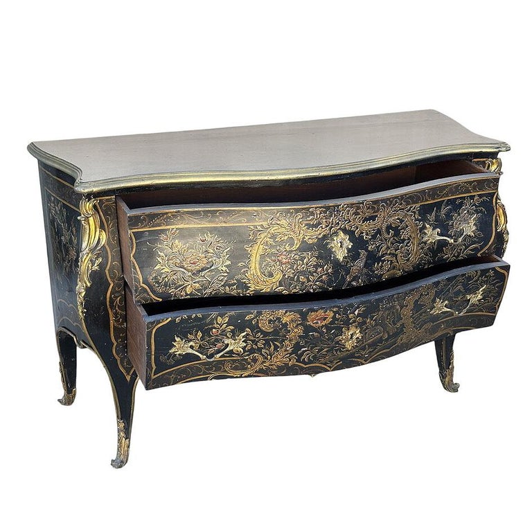 19th Century French with Brass Encroûtement Bombe Shaped Chinoiserie Commode