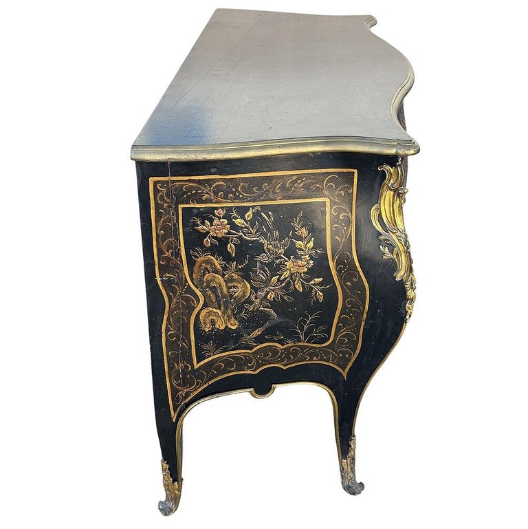 19th Century French with Brass Encroûtement Bombe Shaped Chinoiserie Commode