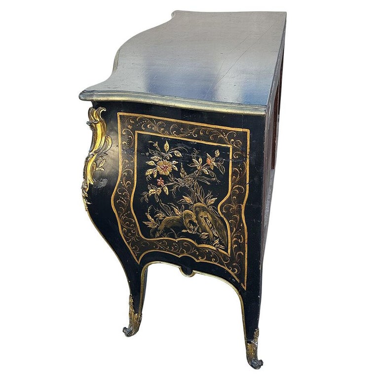 19th Century French with Brass Encroûtement Bombe Shaped Chinoiserie Commode