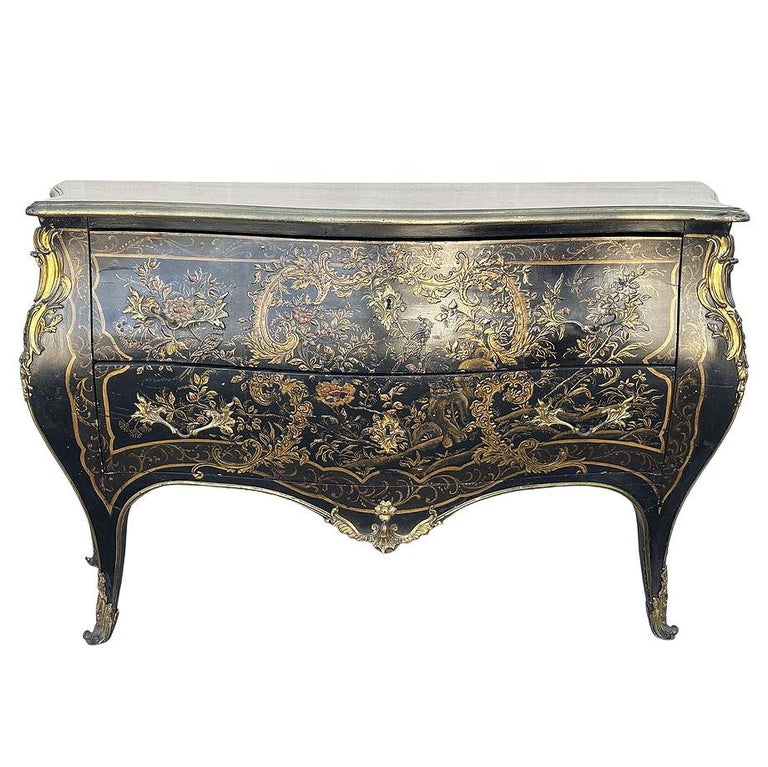 19th Century French with Brass Encroûtement Bombe Shaped Chinoiserie Commode