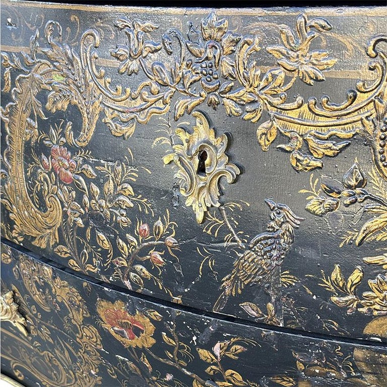 19th Century French with Brass Encroûtement Bombe Shaped Chinoiserie Commode