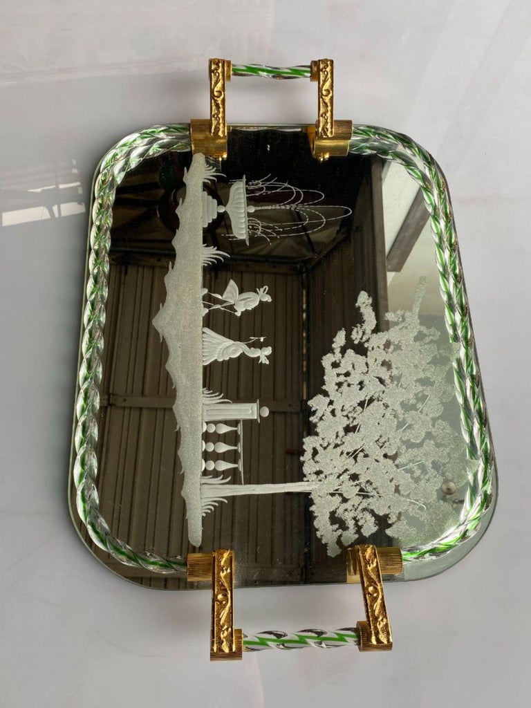 Itailan Murano Barovier Style Vanity Tray with Etched Mirror Twisted Glass Rope