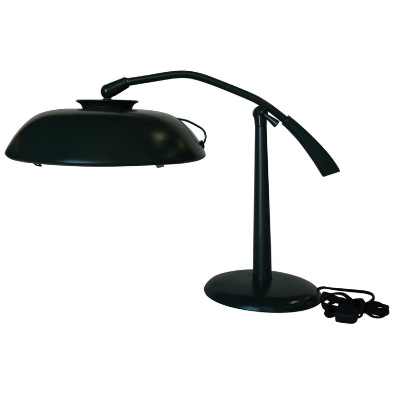 Midcentury Green Enamel Brass Swivel Table Lamp with Large Saucer Shade