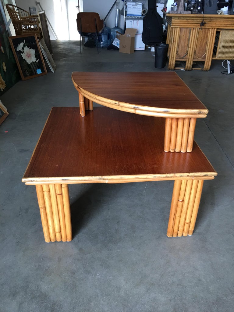 Restored Rattan Corner Side Table with Removable Mahogany Second Tier