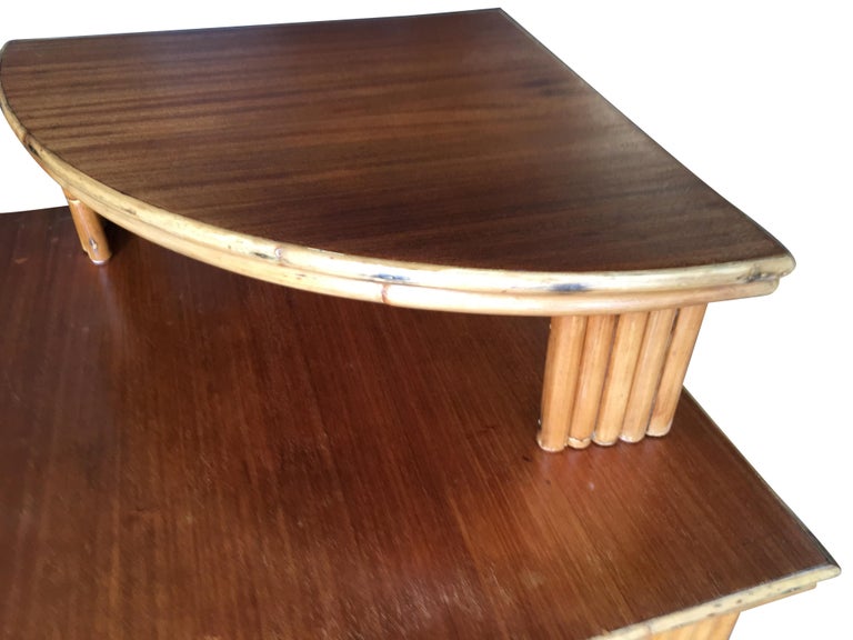 Restored Rattan Corner Side Table with Removable Mahogany Second Tier