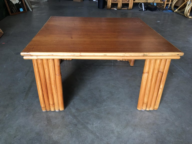 Restored Rattan Corner Side Table with Removable Mahogany Second Tier