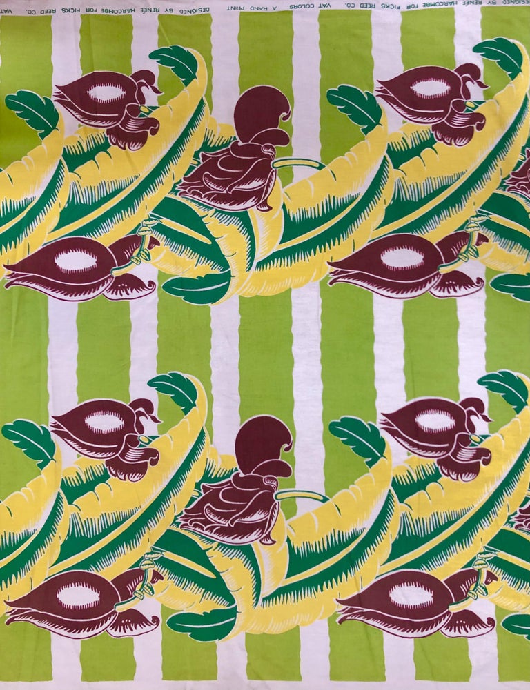 Wavy Green Striped Barkcloth with Tropical Banana Leaf Pattern