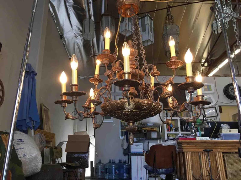 Custom Made Neo-Classic English 12 Arm Wood and Iron Chandelier