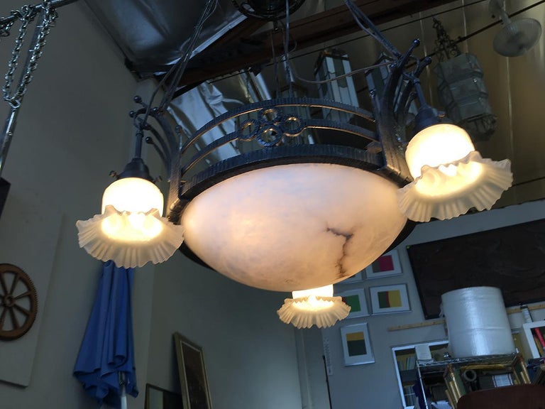 Black Iron Tole 6-Light Chandelier with Alabaster and Acid Patina