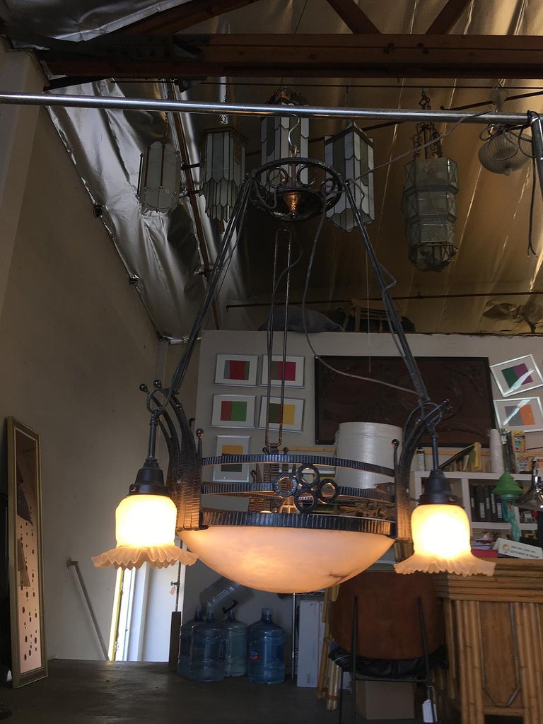Black Iron Tole 6-Light Chandelier with Alabaster and Acid Patina
