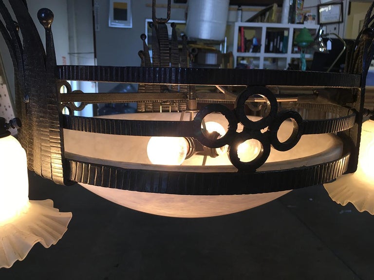 Black Iron Tole 6-Light Chandelier with Alabaster and Acid Patina