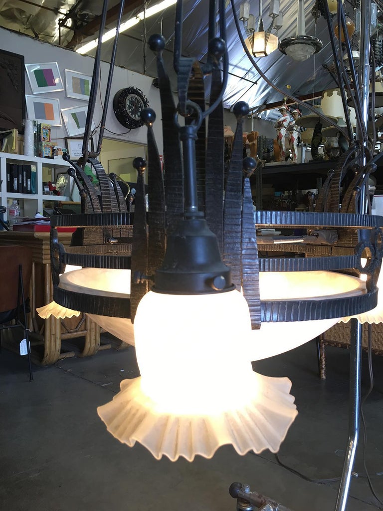 Black Iron Tole 6-Light Chandelier with Alabaster and Acid Patina