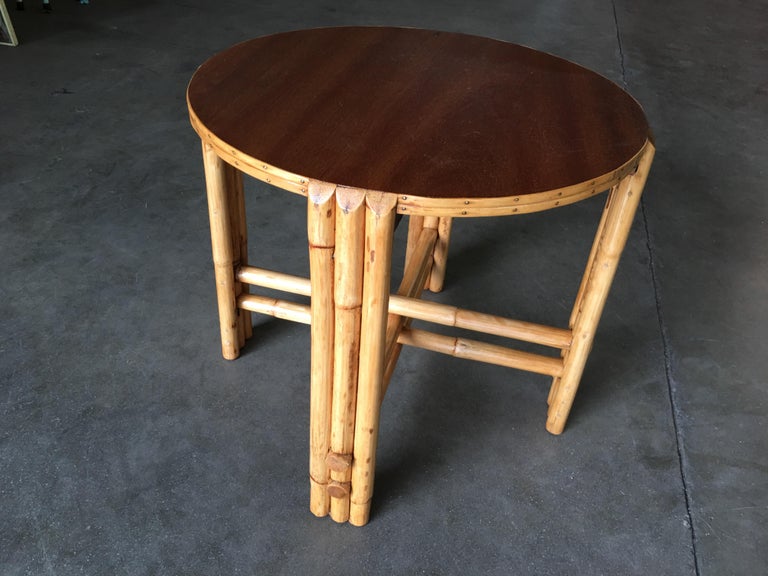 Restored Rattan Vertically Stacked Circular Drink Side Table with Mahogany Top