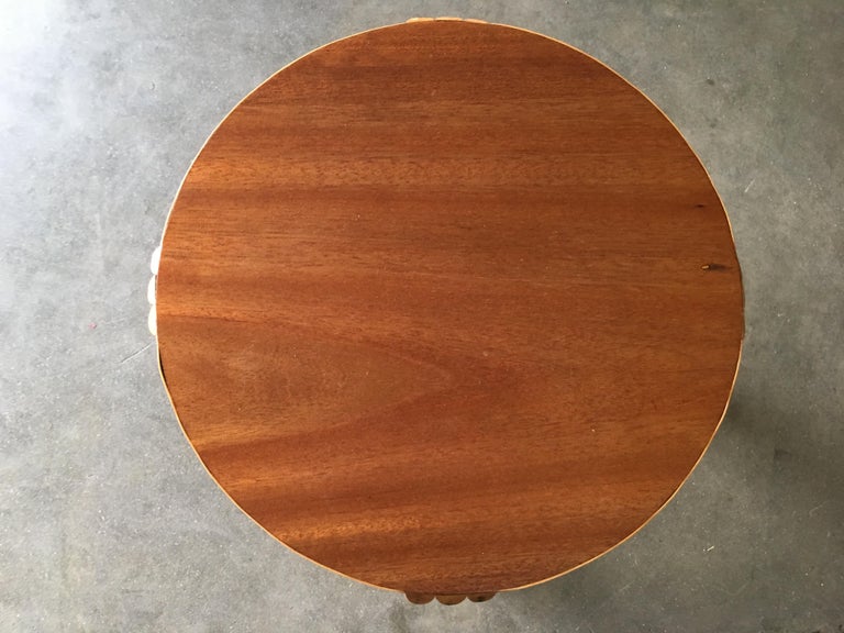 Restored Rattan Vertically Stacked Circular Drink Side Table with Mahogany Top