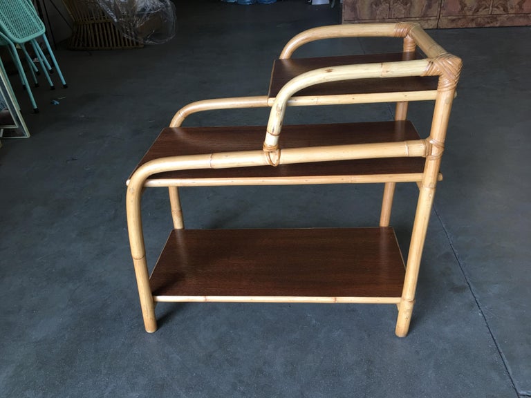 Restored Rattan Side Lamp Table with Three-Tier Mahogany Tops