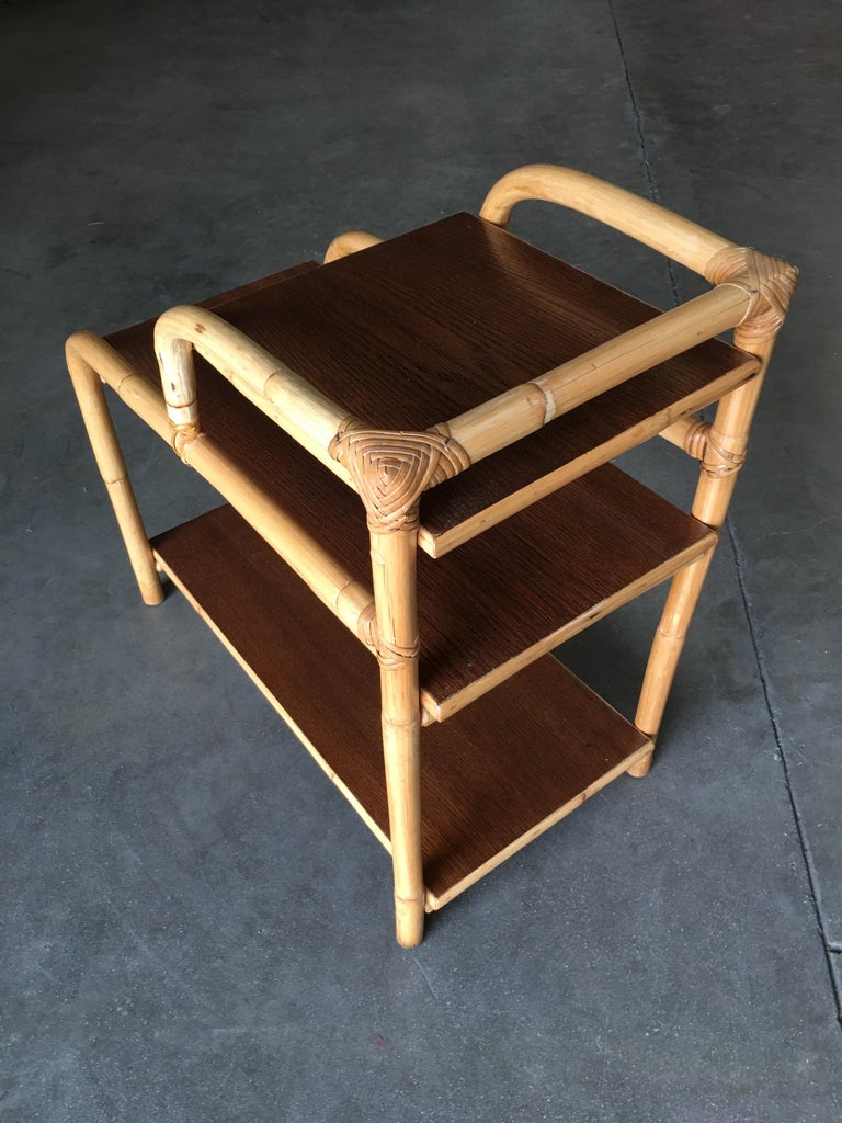 Restored Rattan Side Lamp Table with Three-Tier Mahogany Tops