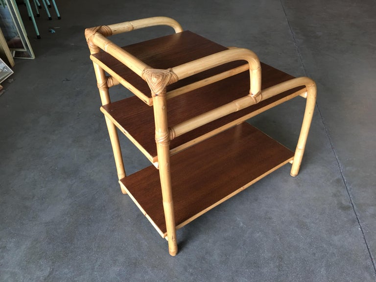Restored Rattan Side Lamp Table with Three-Tier Mahogany Tops