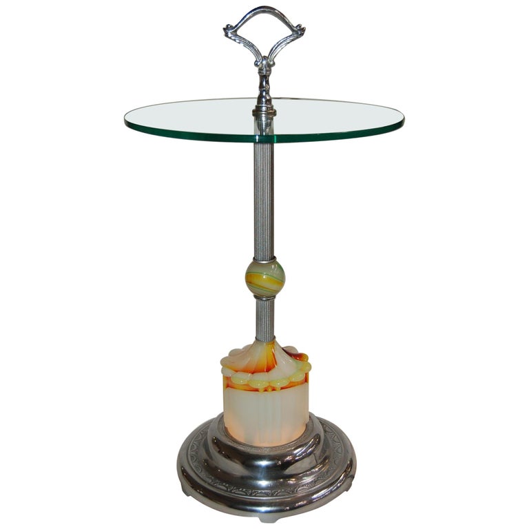Art Deco Agate Glass and Chrome Lightup Illuminating Side Table