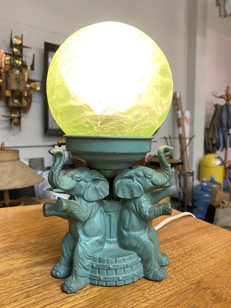 Art Deco Spelter Metal Elephant Lamp with Crackle Shade by A.P.T. NY
