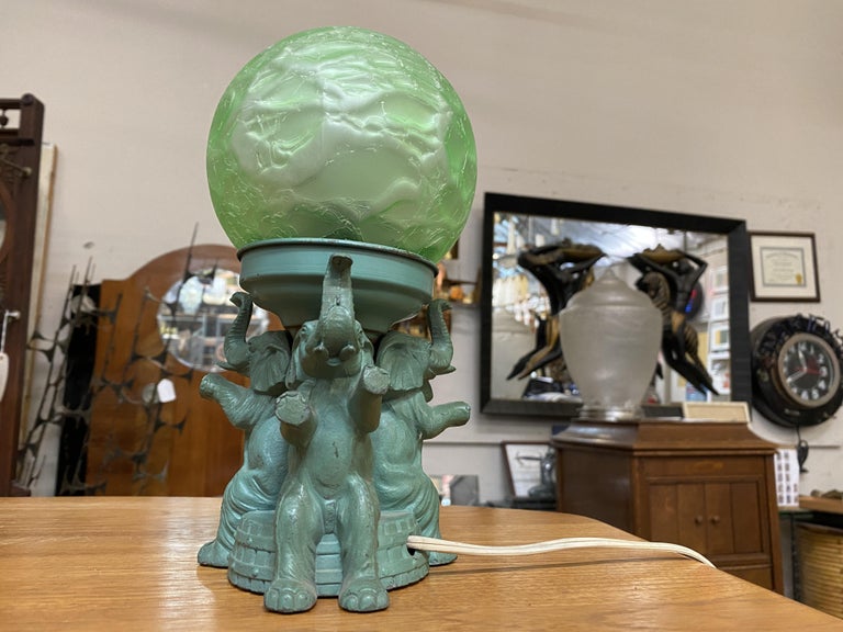 Art Deco Spelter Metal Elephant Lamp with Crackle Shade by A.P.T. NY