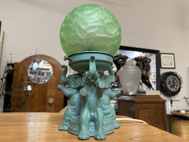 Art Deco Spelter Metal Elephant Lamp with Crackle Shade by A.P.T. NY