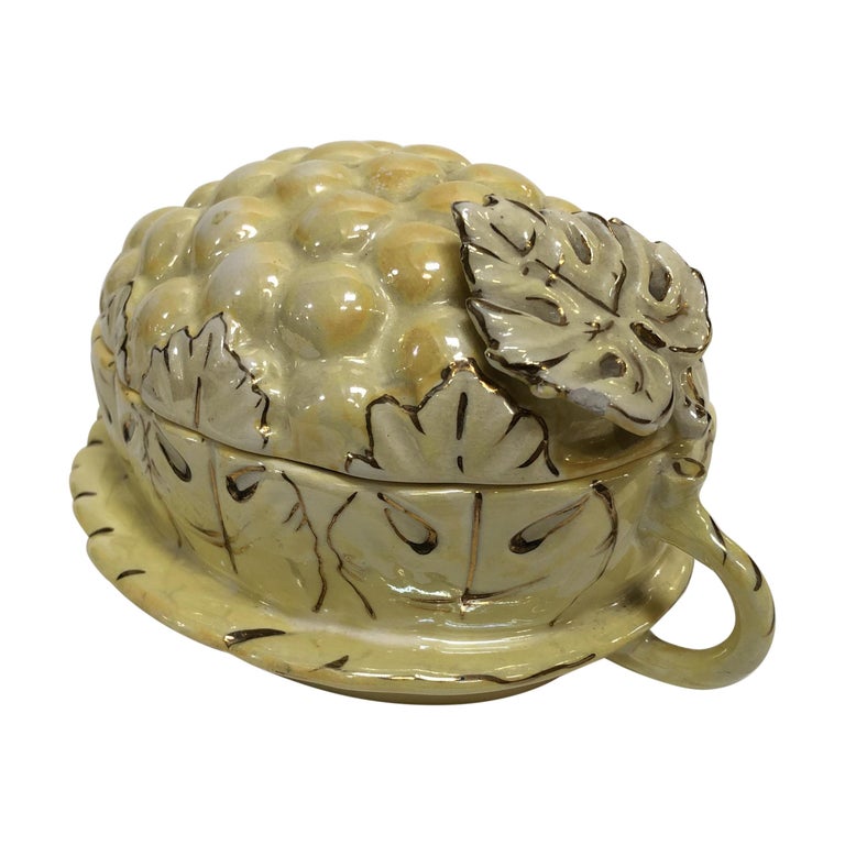Vintage Yellow Lusterware Covered Serving Dish with Grapes by Sasha