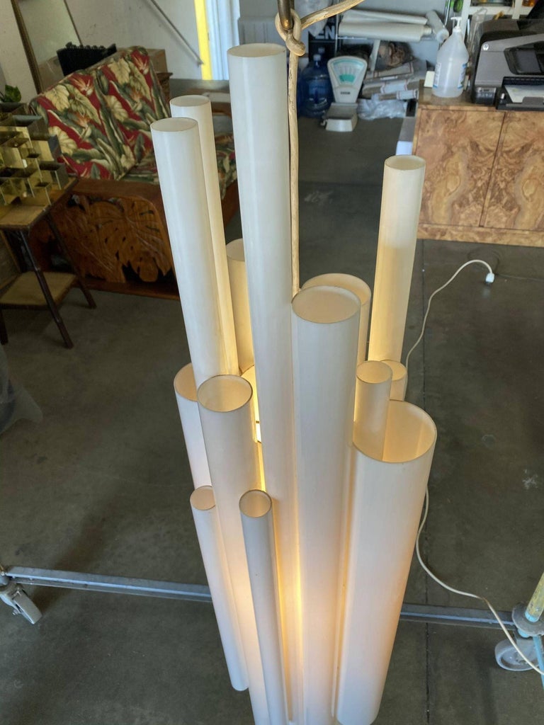 Modernist White Lucite Stacked Tube Chandelier by Rougier, Circa 1970s