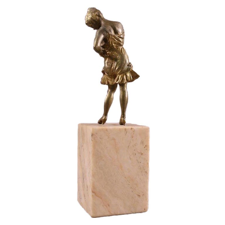 Brass Art Deco Flapper Girl Sculpture on Peach Marble Obelisk