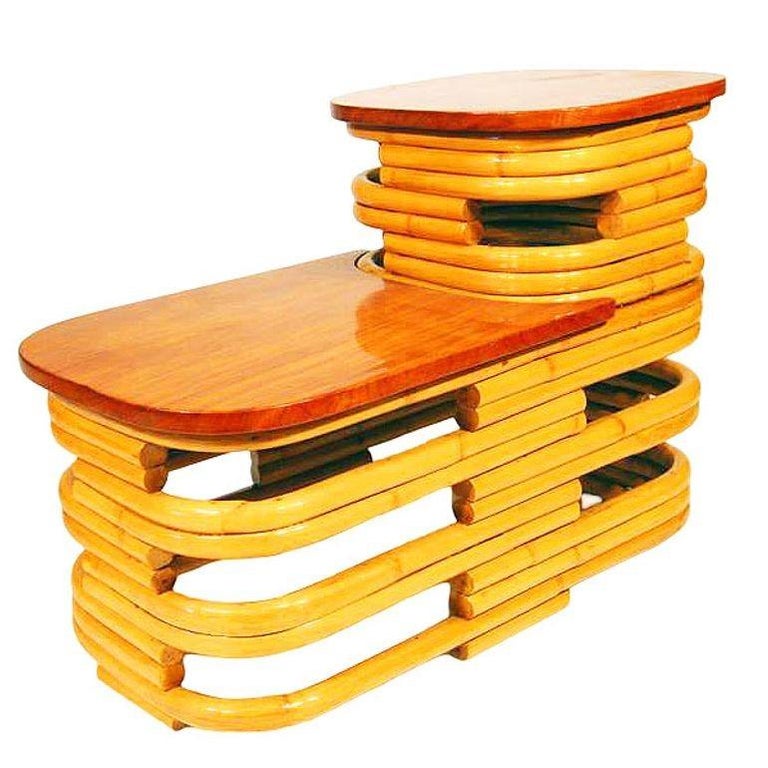 Restored MCM Stacked Rattan Two-Tier Side Table w/ Mahogany Top, 2 Available