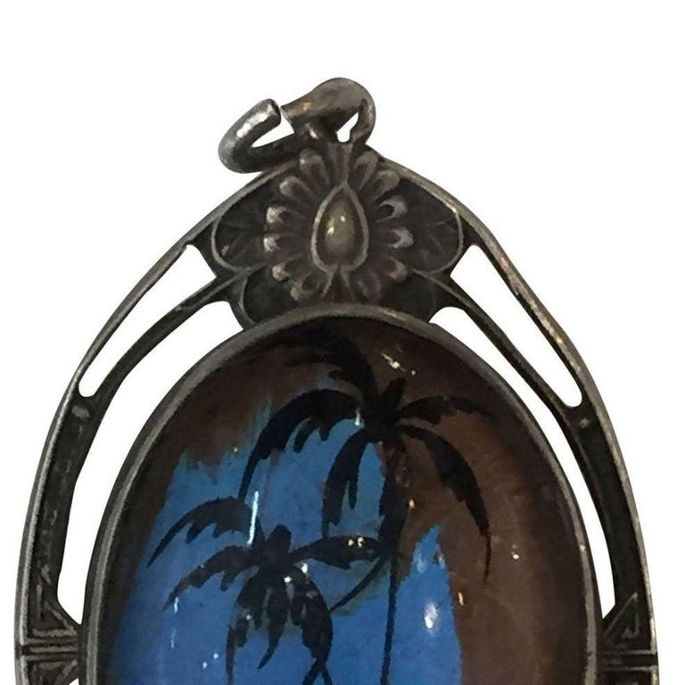 Sterling Pendant with Hand Painted Landscape on a Butterfly Wing