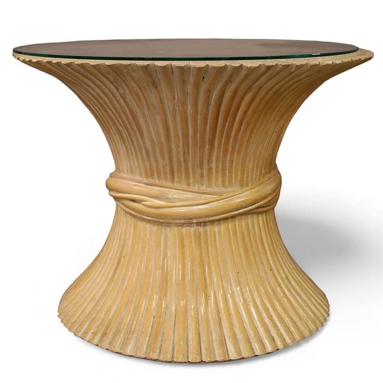 McGuire "Sheaf of Wheat" Stacked Hourglass Rattan End Table, Pair