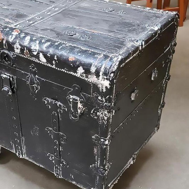19th Century Wood and Metal Steamer Trunk with Leather Edges